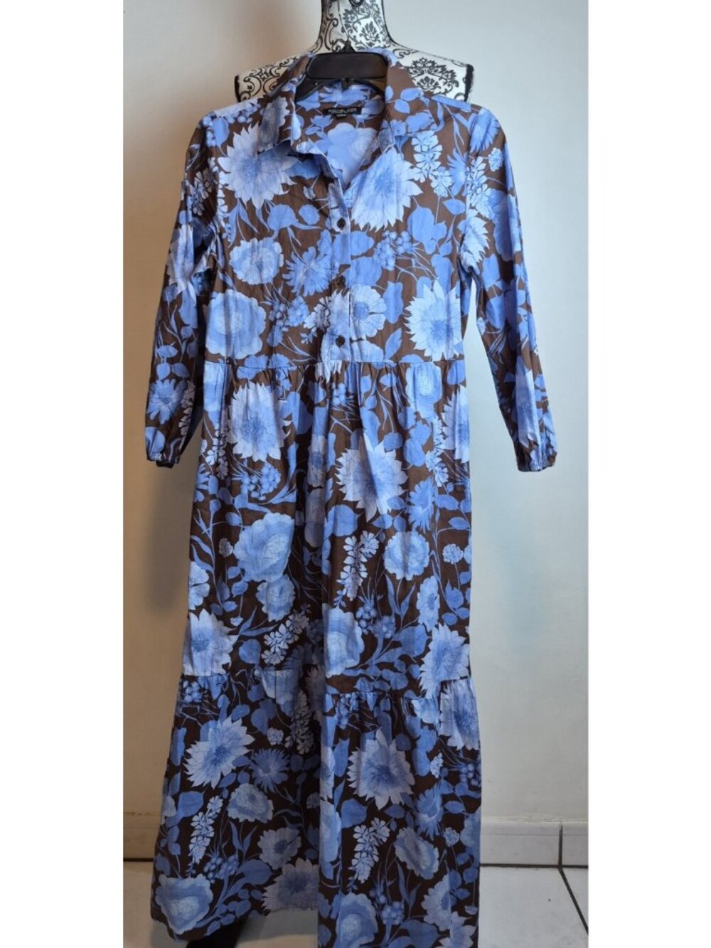 Rachel Zoe Tiered Maxi Shirt Dress S Brown Blue Floral Cotton Pockets Boho Fall